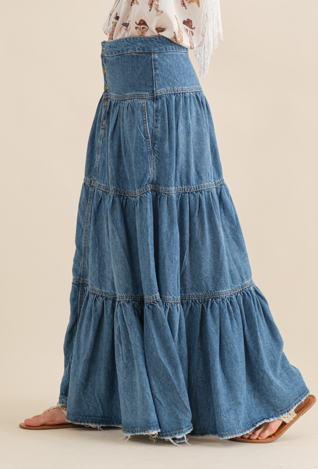 Denim tiered maxi skirt