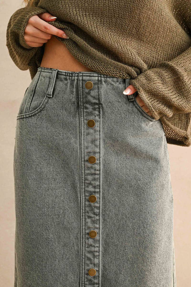 Button front grey wash skirt