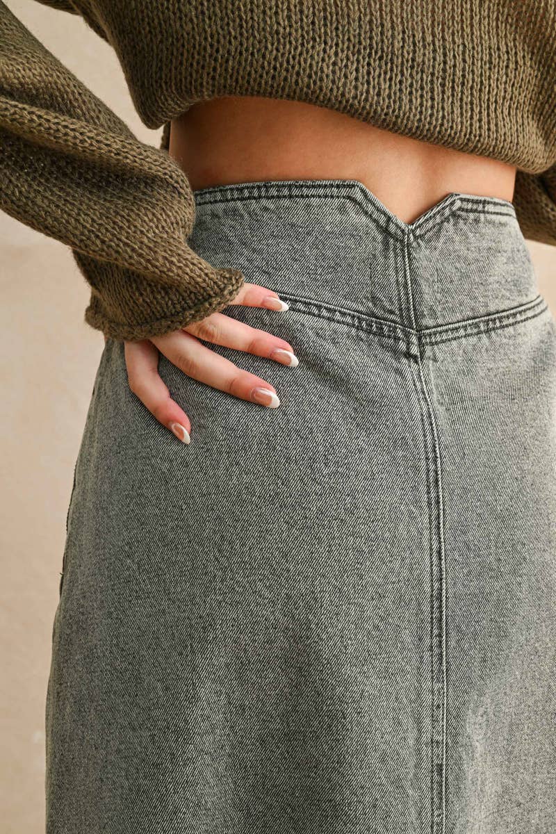 Button front grey wash skirt