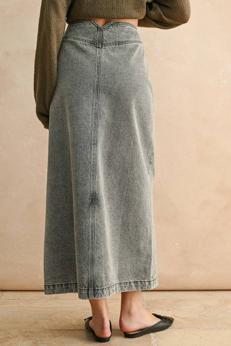 Button front grey wash skirt
