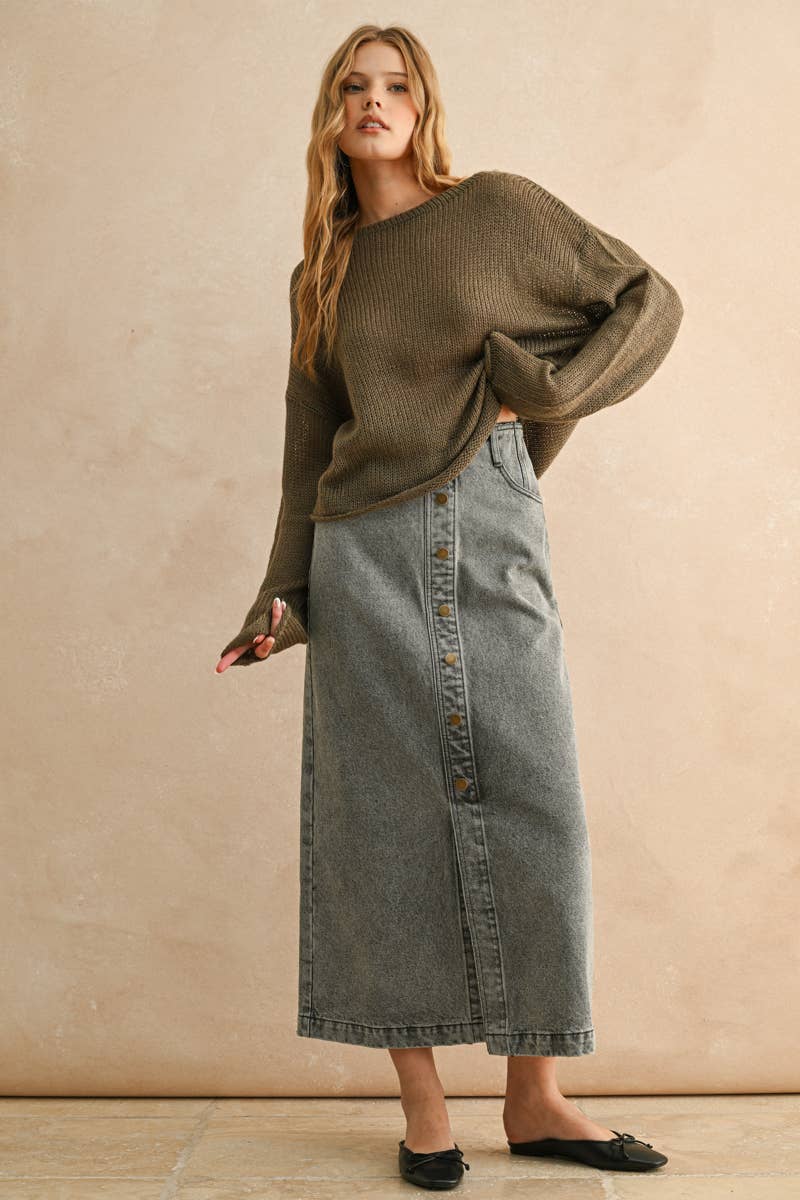 Button front grey wash skirt