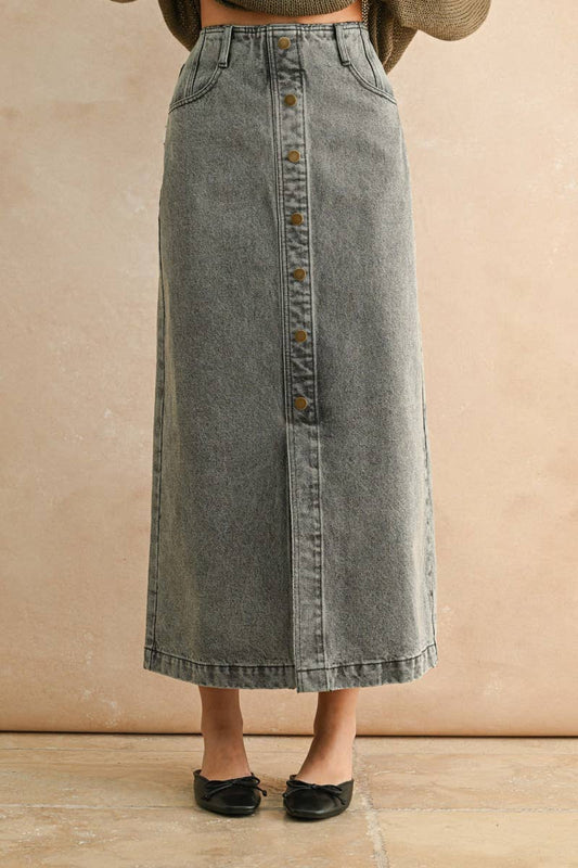 Button front grey wash skirt